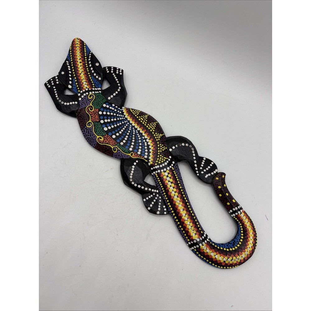 Gecko Wall Art Wood Carving Painted Sculpture Raised Dots 13" Long Hang Ready